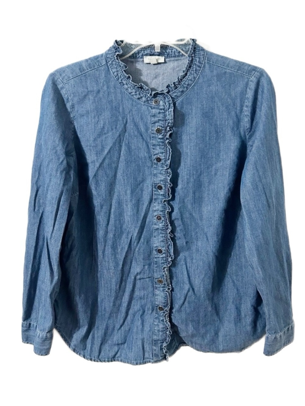 Talbots Petites Button Front Denim Jean Shirt Long Sleeves Ruffled Details 💙